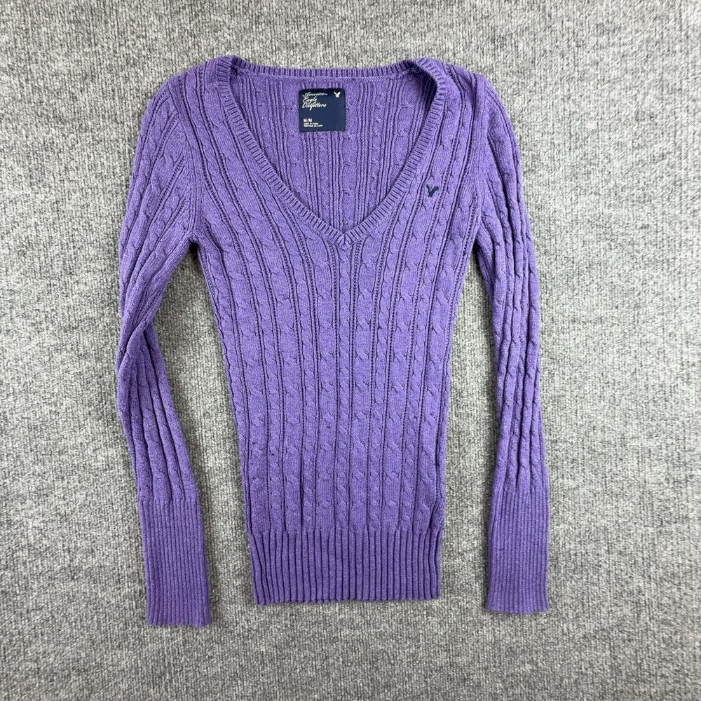American Eagle Outfitters Sweater Womens Medium Purple Cable Knit V Neck
